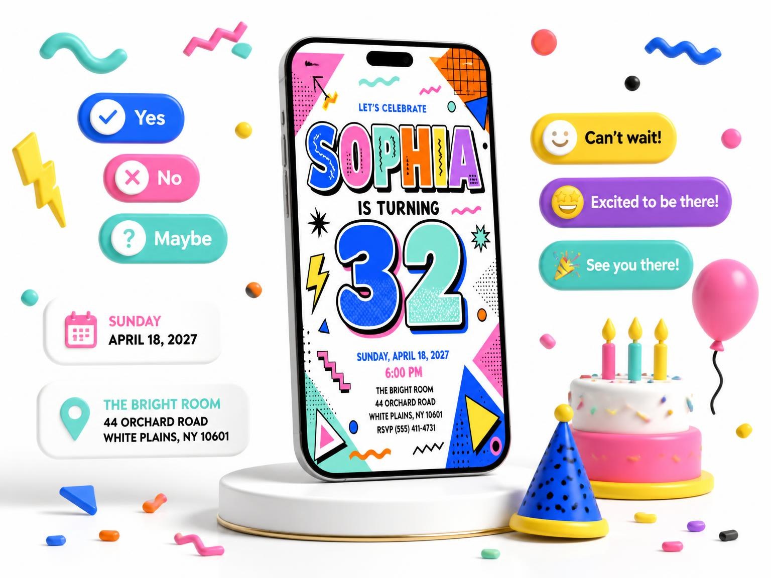 The Memphis Pop 32nd Birthday Invitation invitation on a phone, with guest RSVPs arriving around it