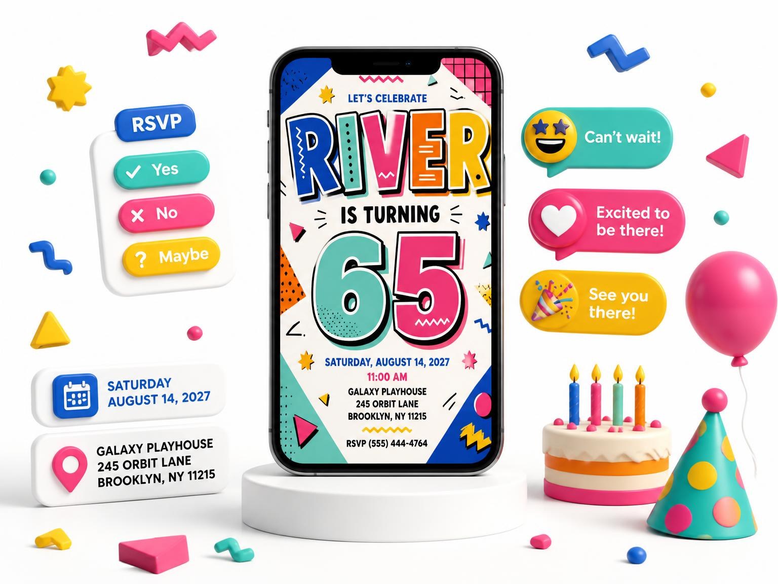 The Memphis Pop 65th Birthday Invitation invitation on a phone, with guest RSVPs arriving around it