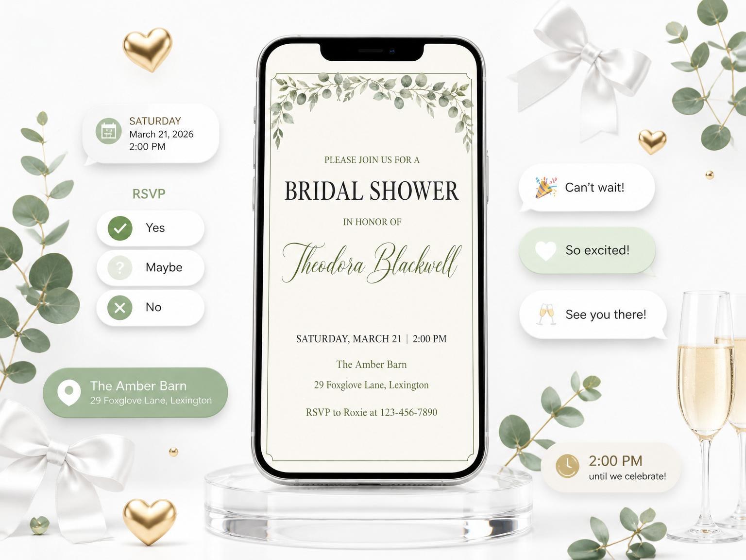 The Watercolor Eucalyptus Leaf Bridal Shower invitation on a phone, with guest RSVPs arriving around it