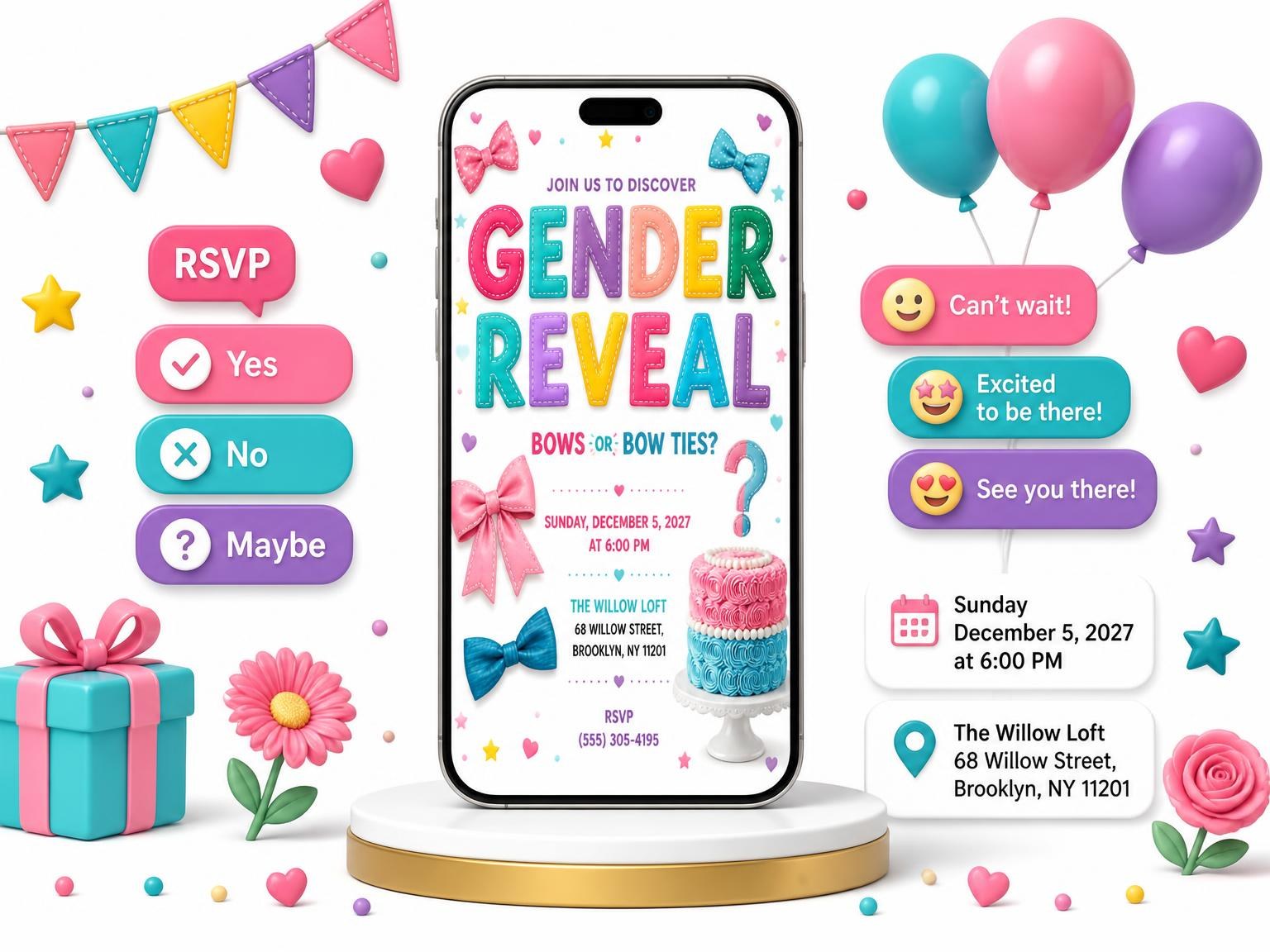 The Bows Or Bow Ties Gender Reveal Invitation invitation on a phone, with guest RSVPs arriving around it