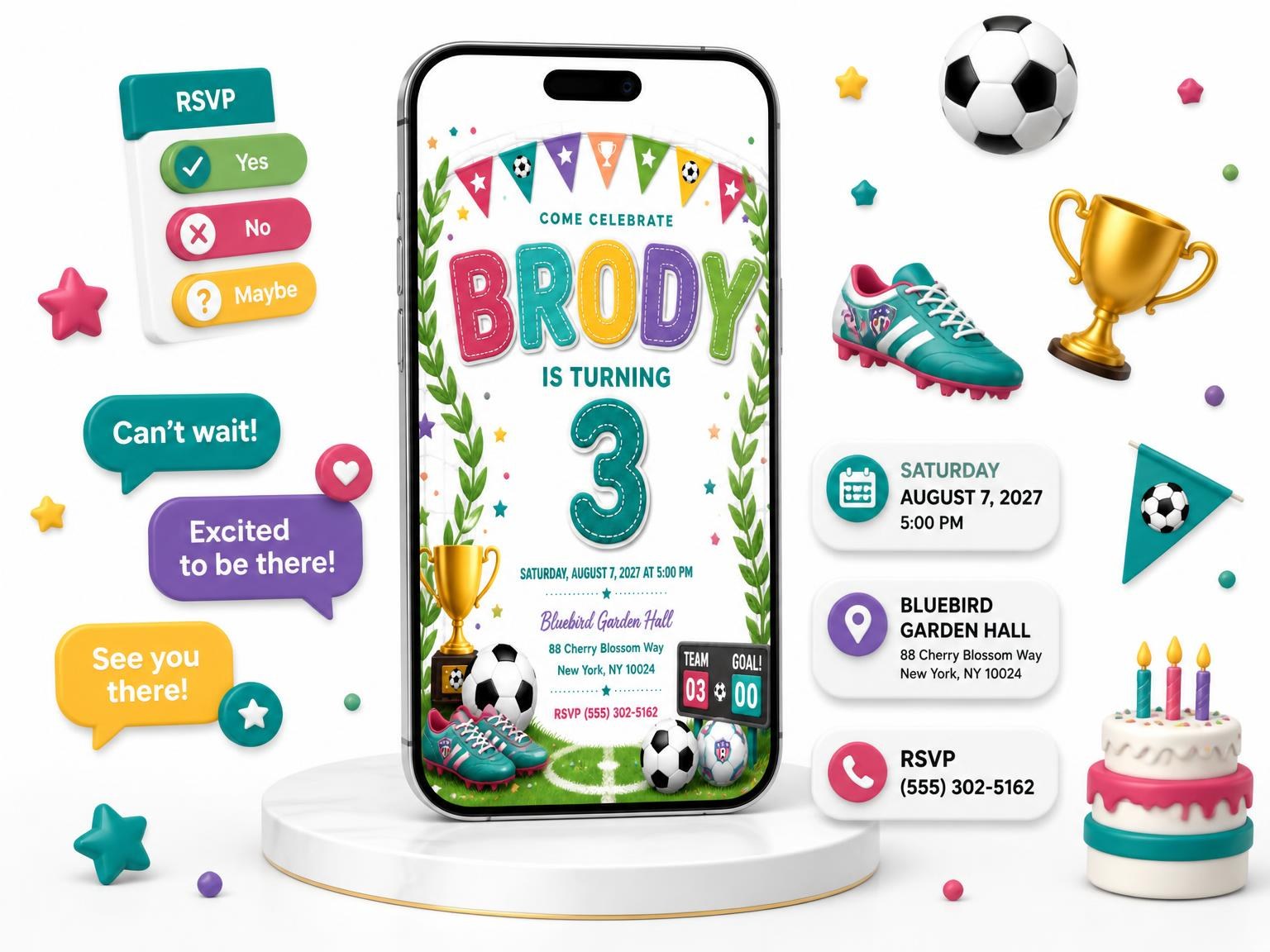 The Stitched Soccer 3rd Birthday Invitation invitation on a phone, with guest RSVPs arriving around it