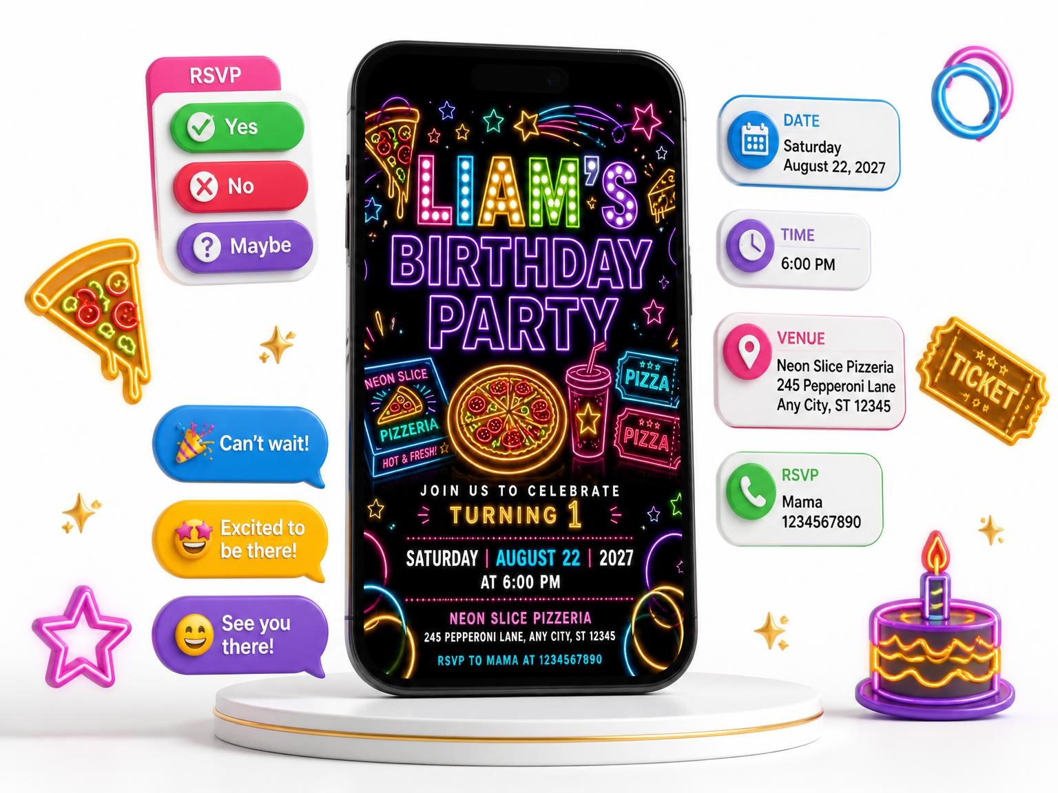 The Neon Pizza 1st Birthday Invitation invitation on a phone, with guest RSVPs arriving around it
