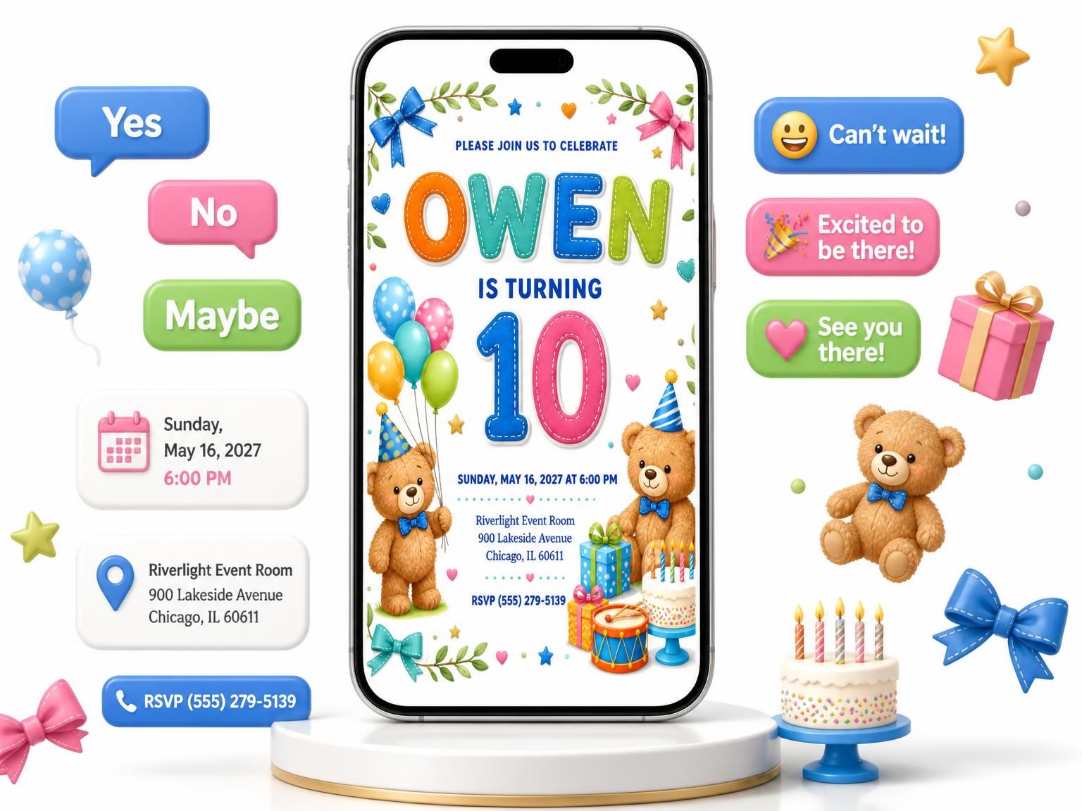 The Stitched Teddy Bear 10th Birthday Invitation invitation on a phone, with guest RSVPs arriving around it
