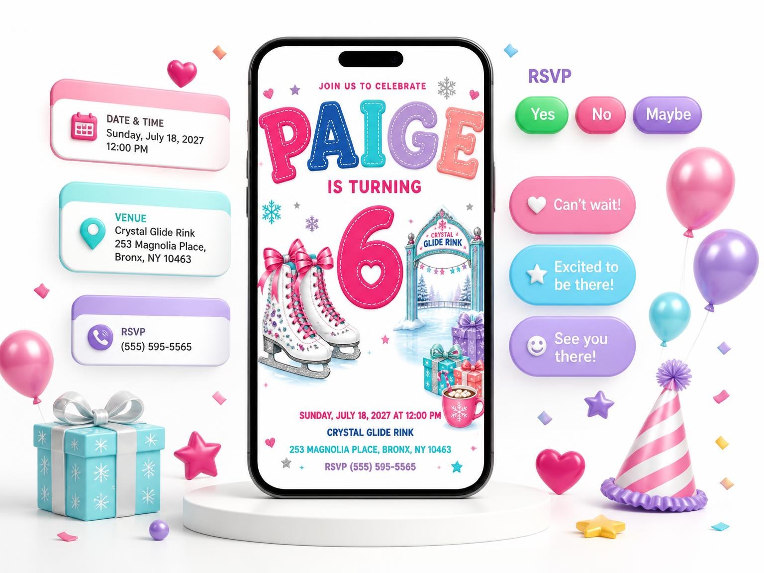 The Winter Wonderland 6th Birthday Invitation invitation on a phone, with guest RSVPs arriving around it