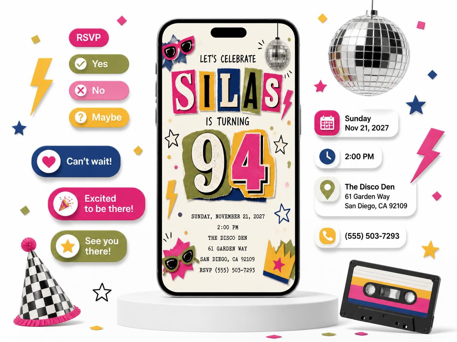 The Retro Paper Collage 94th Birthday Invitation invitation on a phone, with guest RSVPs arriving around it