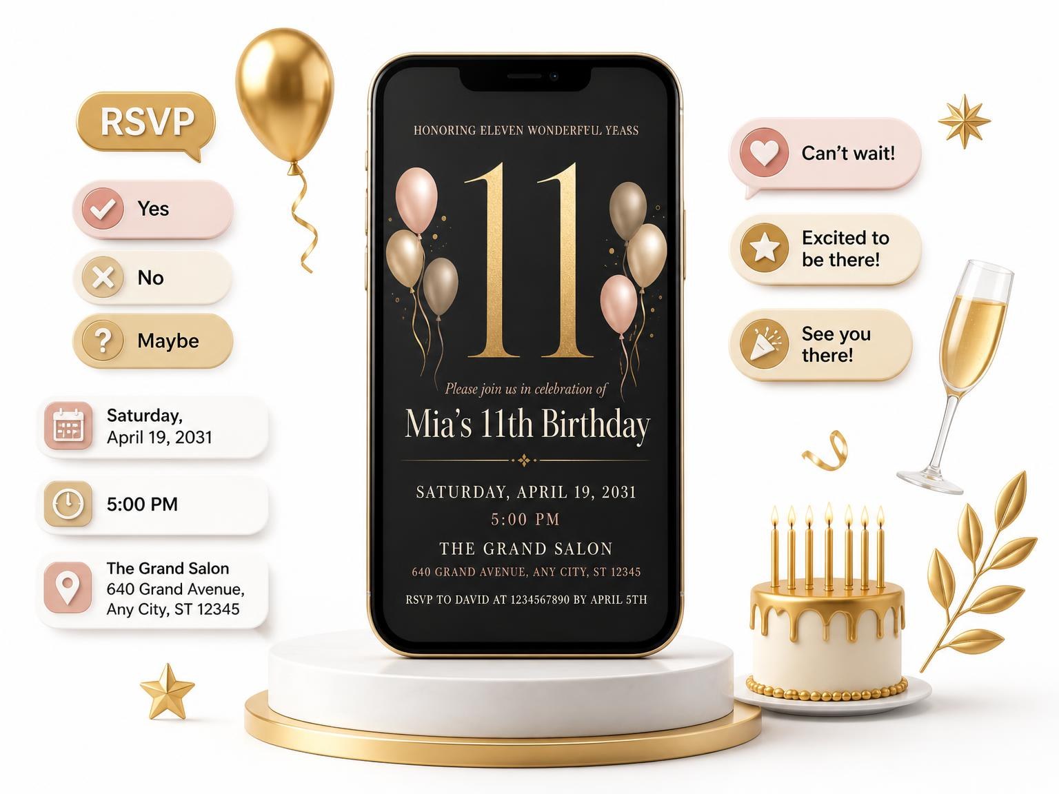 The Charcoal and Blush 11th Birthday Invitation invitation on a phone, with guest RSVPs arriving around it