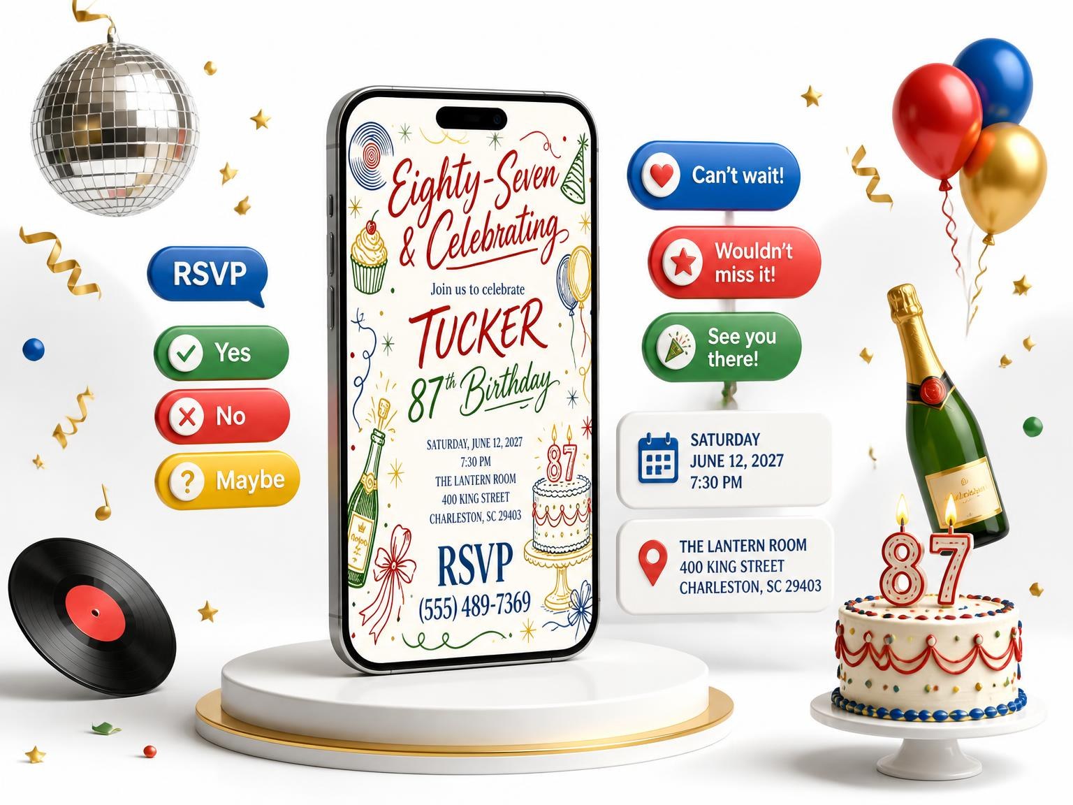 The Retro Doodle 87th Birthday Invitation invitation on a phone, with guest RSVPs arriving around it