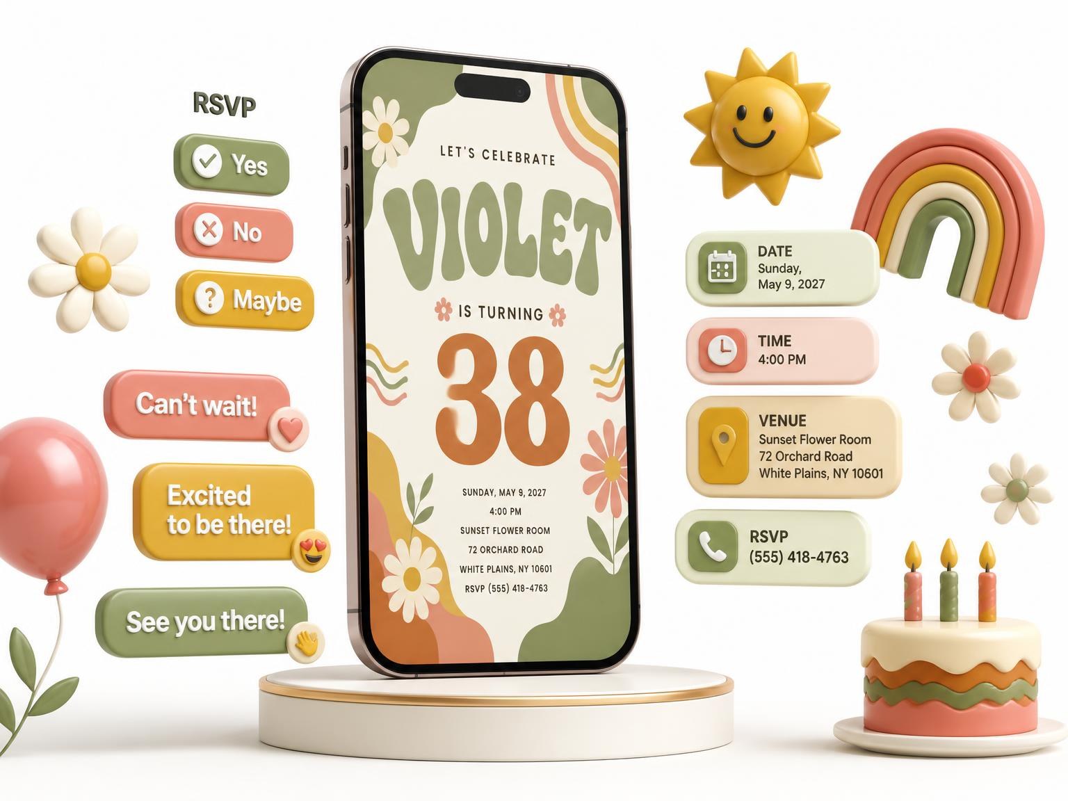 The Groovy Retro 38th Birthday Invitation invitation on a phone, with guest RSVPs arriving around it