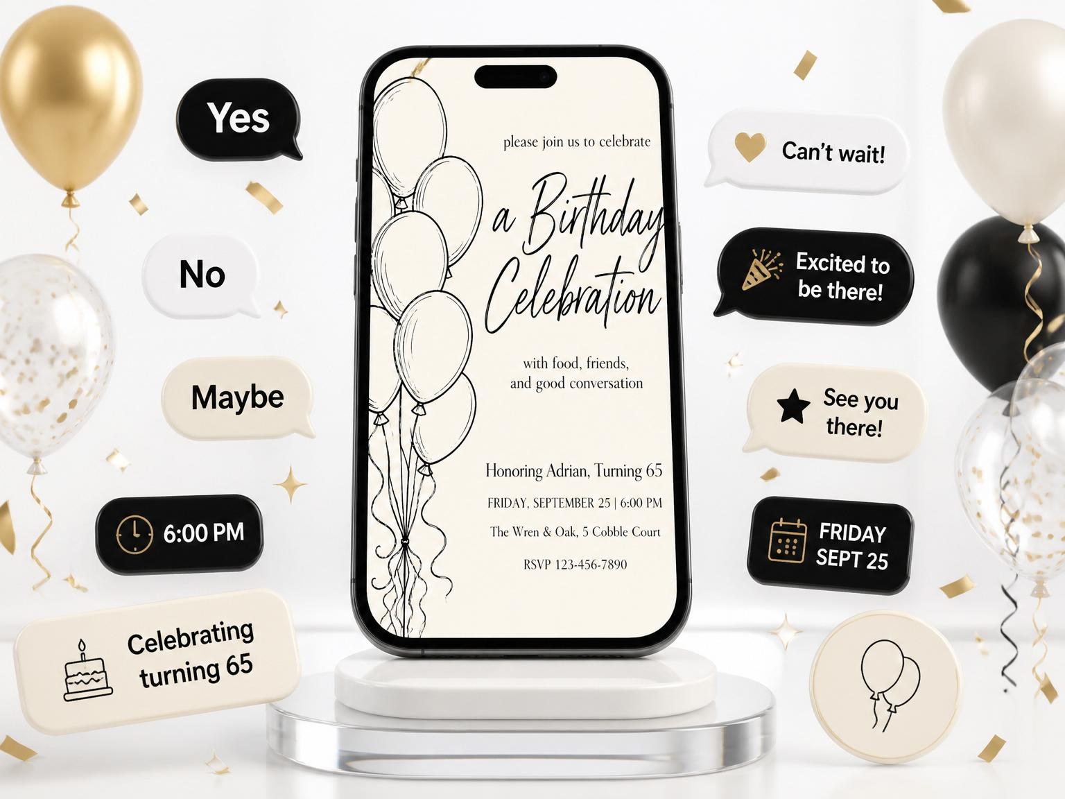 The Black Ink Balloon 65th Birthday Invitation invitation on a phone, with guest RSVPs arriving around it