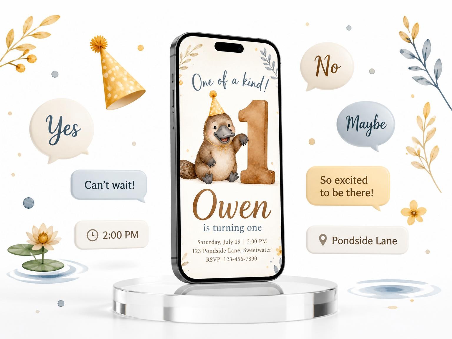 The Watercolor Platypus First Birthday Invitation invitation on a phone, with guest RSVPs arriving around it