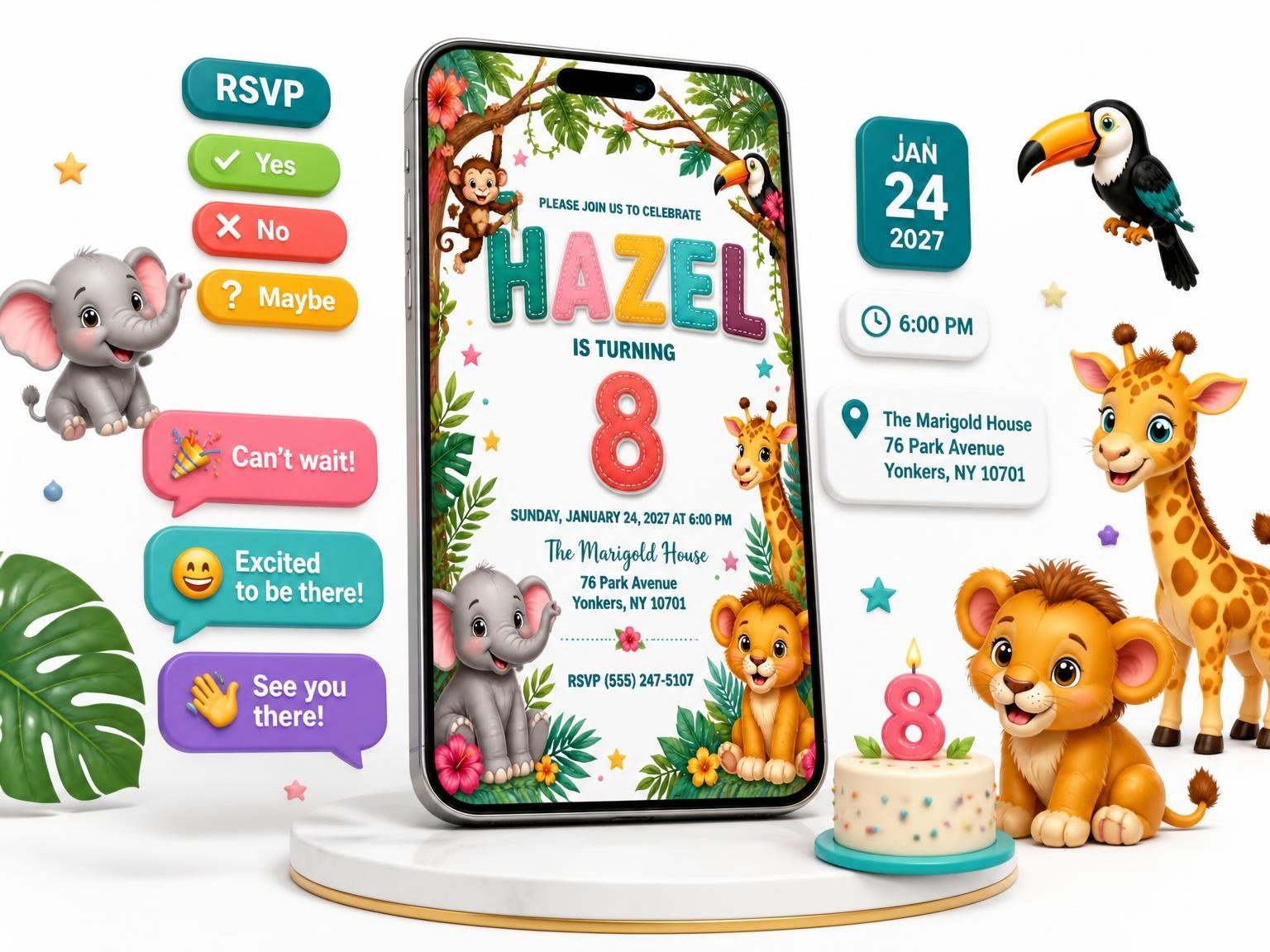 The Stitched Safari 8th Birthday Invitation invitation on a phone, with guest RSVPs arriving around it