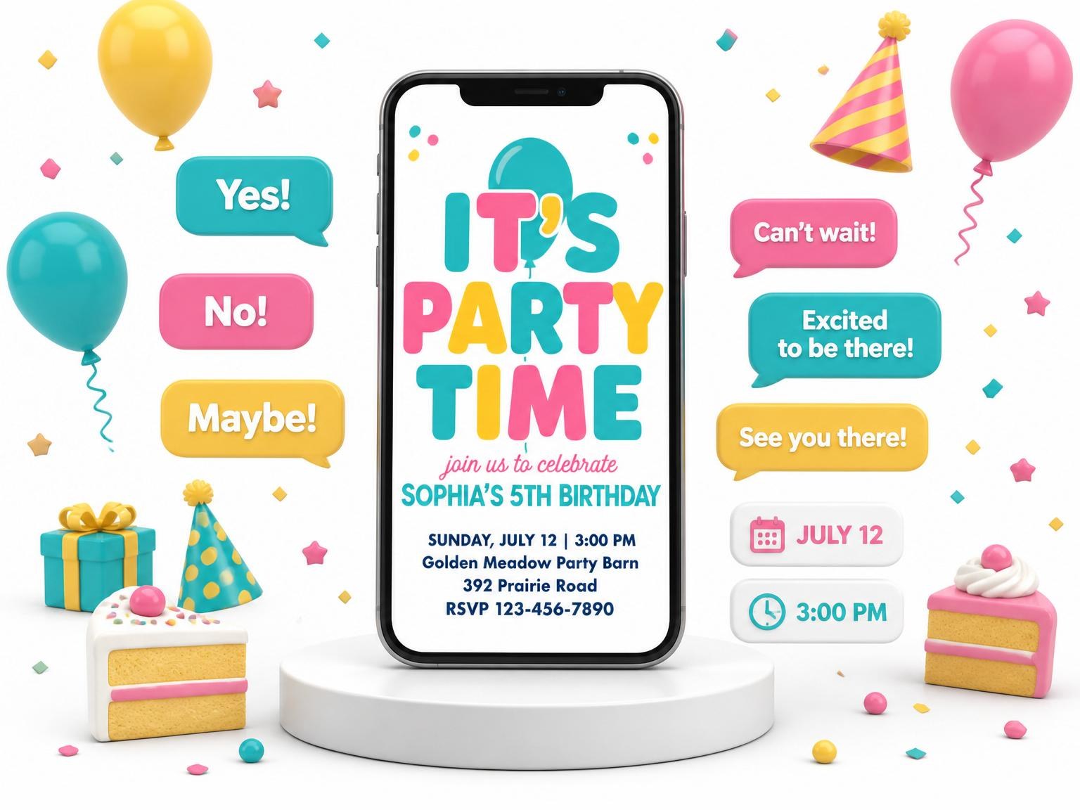 The Turquoise Pink Yellow Balloon 5th Birthday invitation on a phone, with guest RSVPs arriving around it