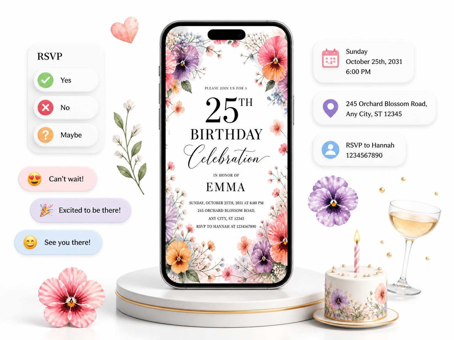 The Pastel Botanical Flowers 25th Birthday Invitation invitation on a phone, with guest RSVPs arriving around it