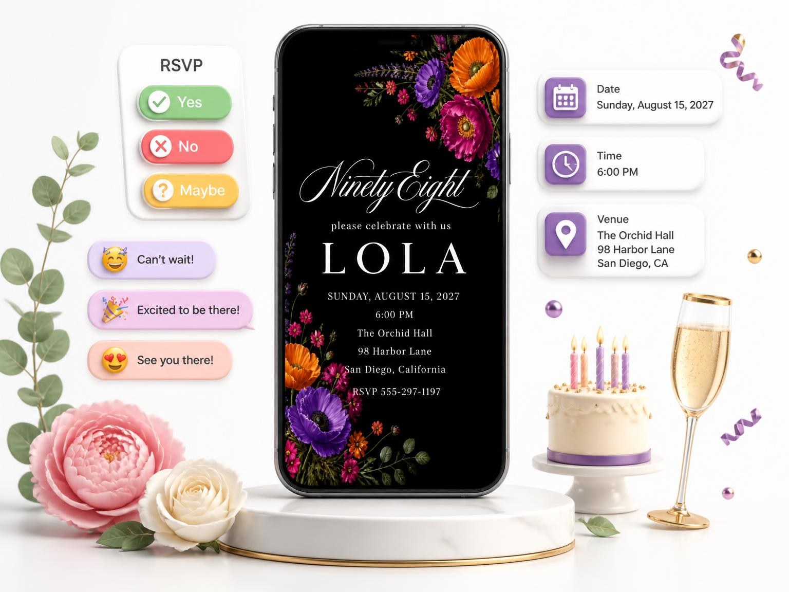 The Black Floral 98th Birthday Invitation invitation on a phone, with guest RSVPs arriving around it