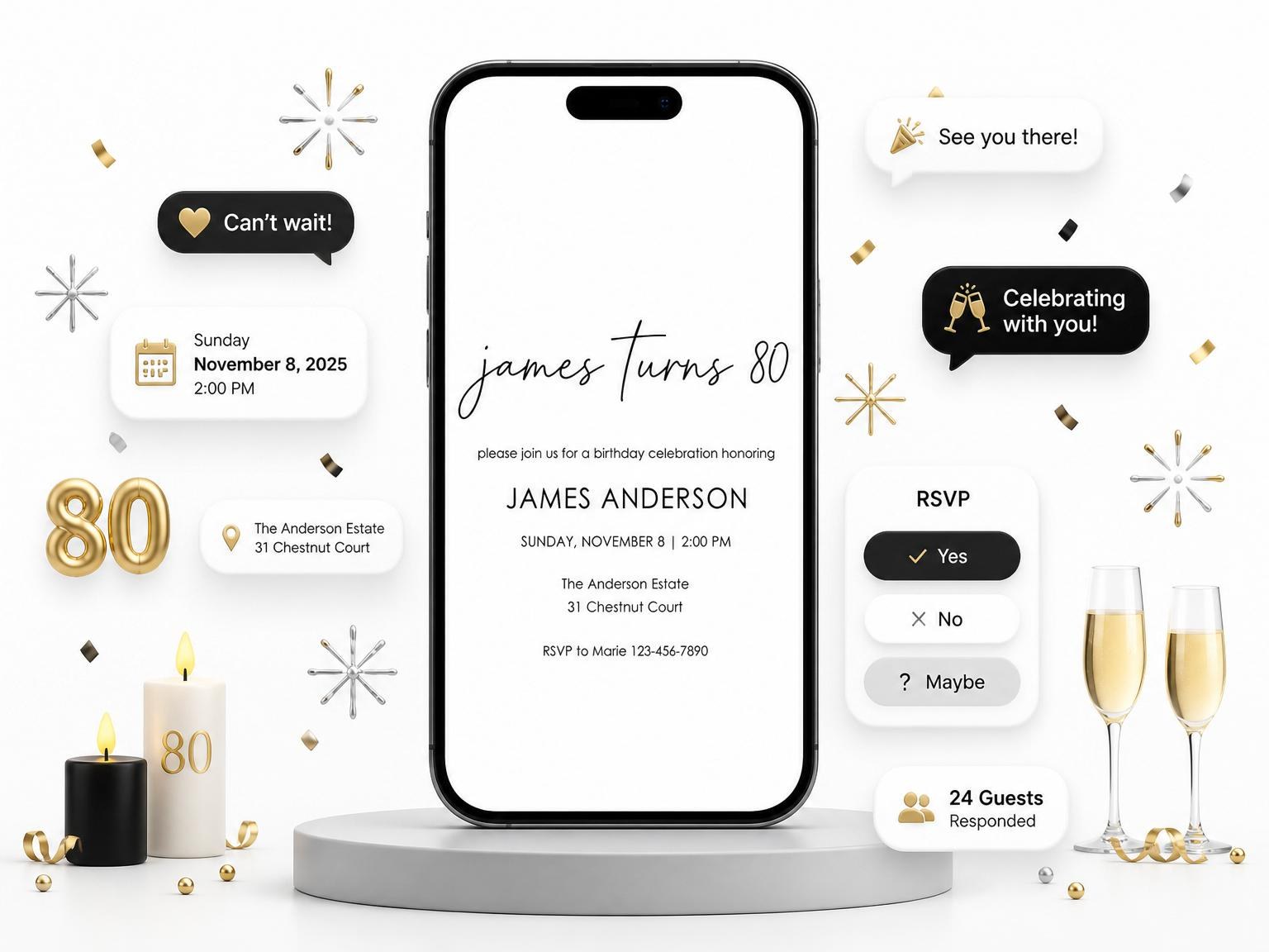 The Minimalist Black and White 80th Birthday invitation on a phone, with guest RSVPs arriving around it