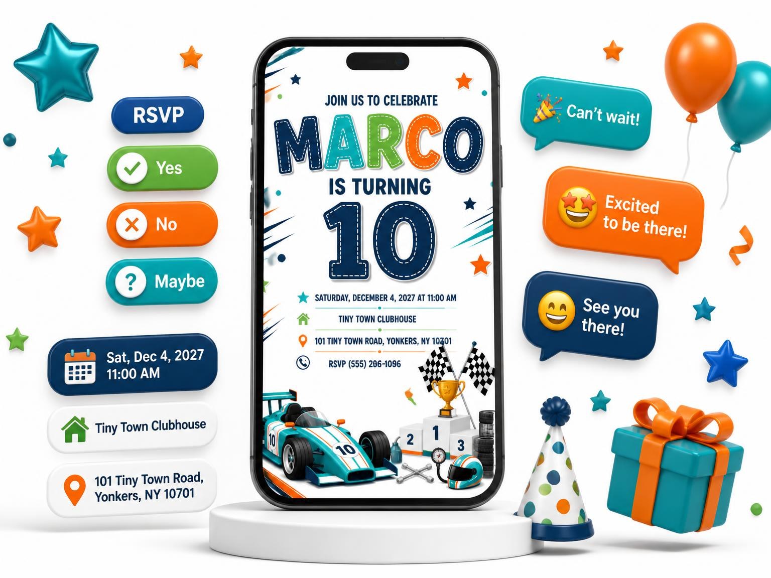 The Podium Trophy Stitched 10th Birthday Invitation invitation on a phone, with guest RSVPs arriving around it