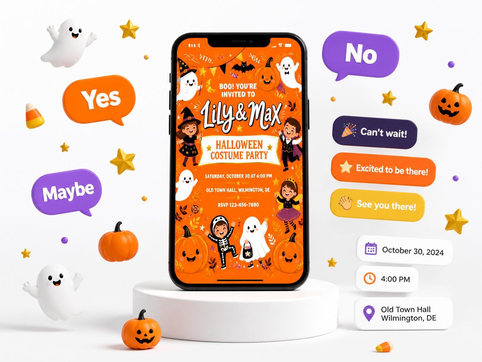The Orange Pumpkin Ghost Halloween Party invitation on a phone, with guest RSVPs arriving around it