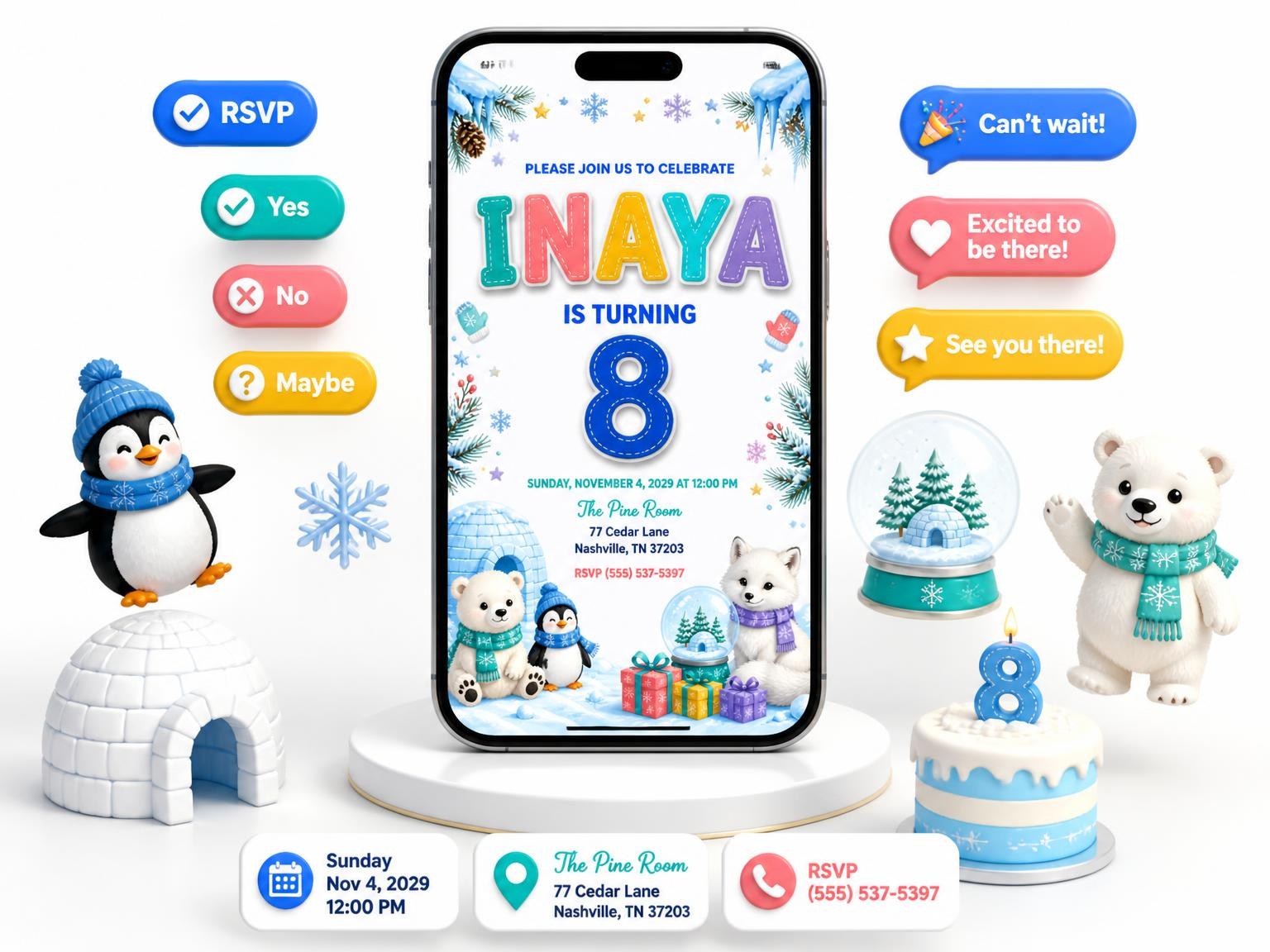 The Stitched Winter Polar 8th Birthday Invitation invitation on a phone, with guest RSVPs arriving around it