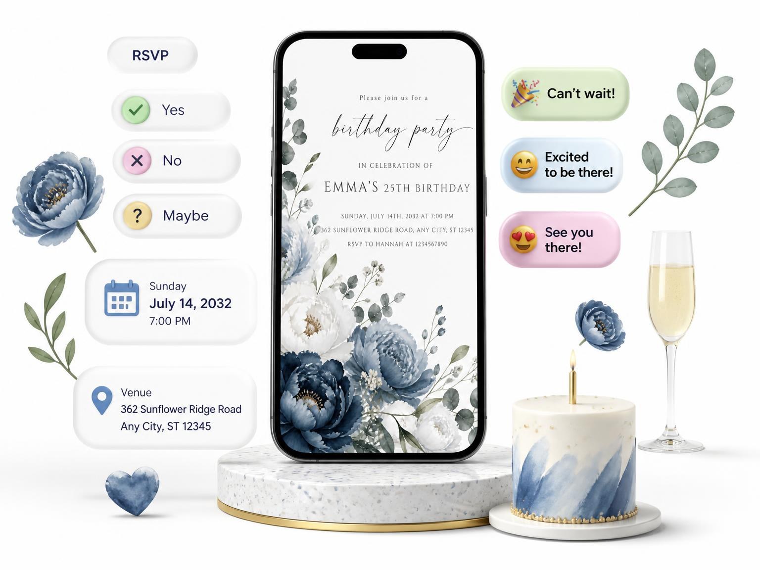 The Navy Florals Dusty Blue 25th Birthday Invitation invitation on a phone, with guest RSVPs arriving around it