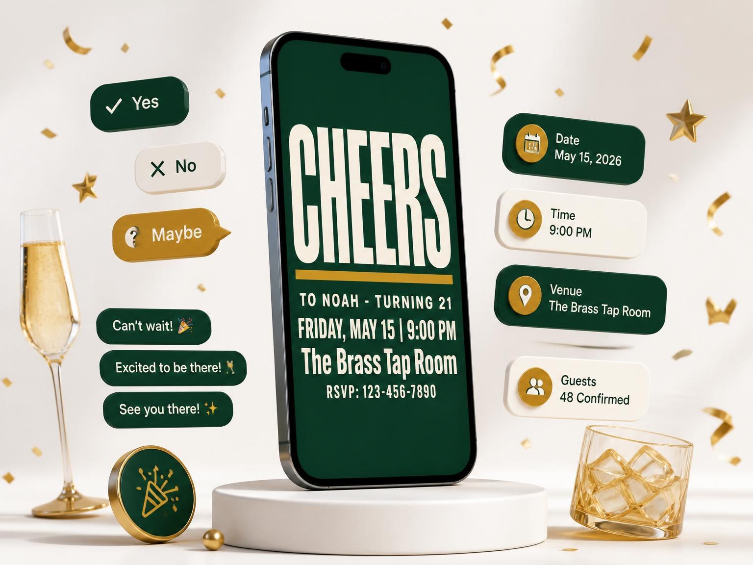 The Dark Green Bold Typography 21st Birthday invitation on a phone, with guest RSVPs arriving around it