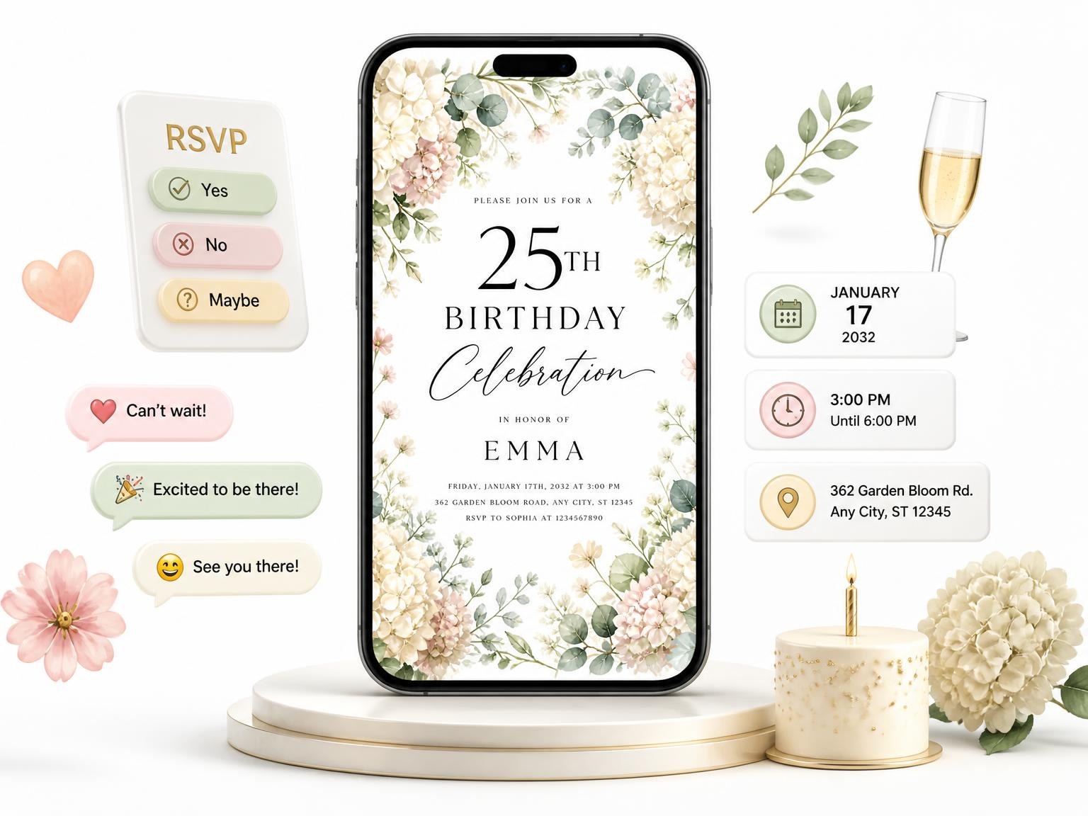 The Hydrangeas Ivory 25th Birthday Invitation invitation on a phone, with guest RSVPs arriving around it