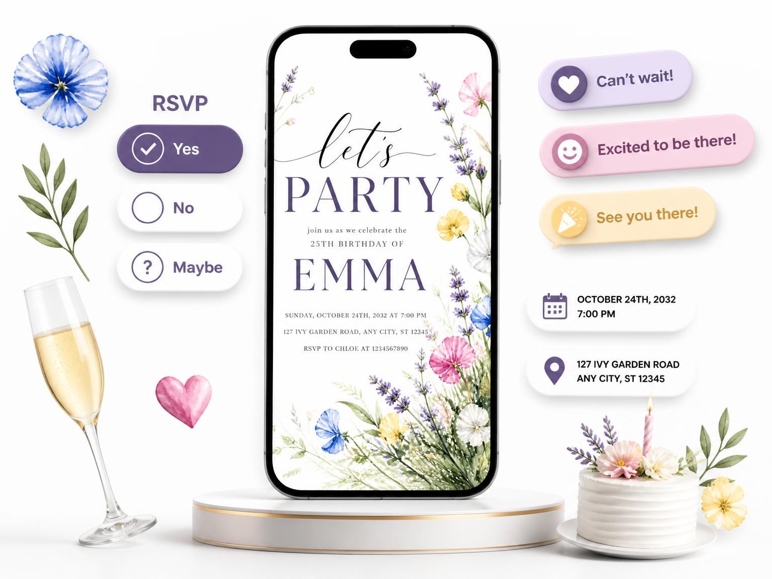 The Spring Lavender Sweet Pea 25th Birthday Invitation invitation on a phone, with guest RSVPs arriving around it