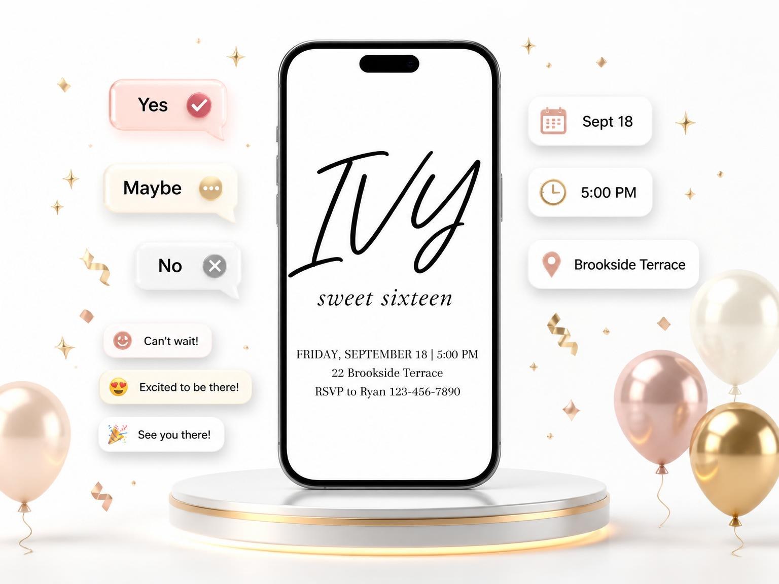 The Black and White Script Sweet Sixteen invitation on a phone, with guest RSVPs arriving around it