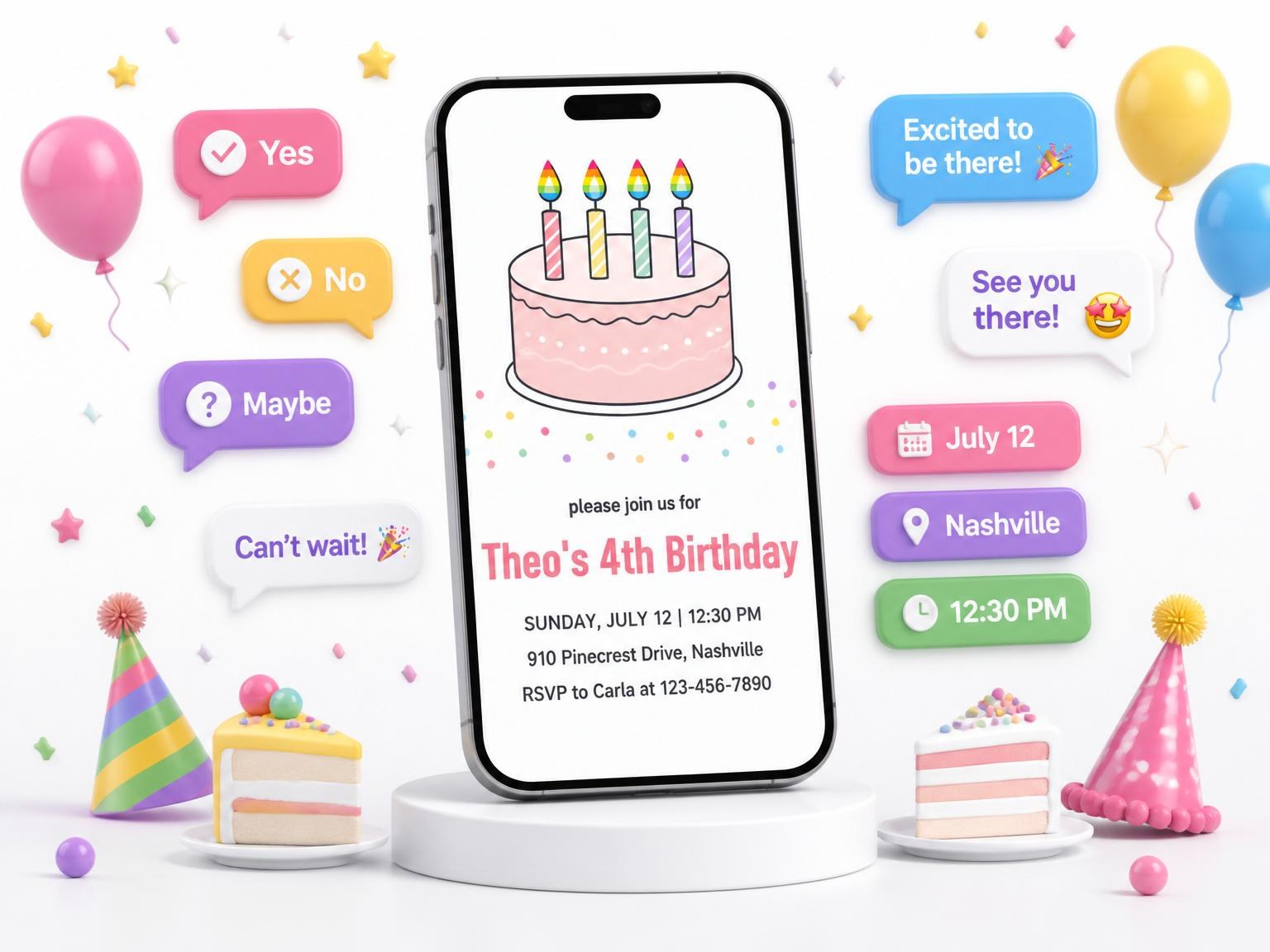 The Pink Frosted Cake 4th Birthday Invitation invitation on a phone, with guest RSVPs arriving around it