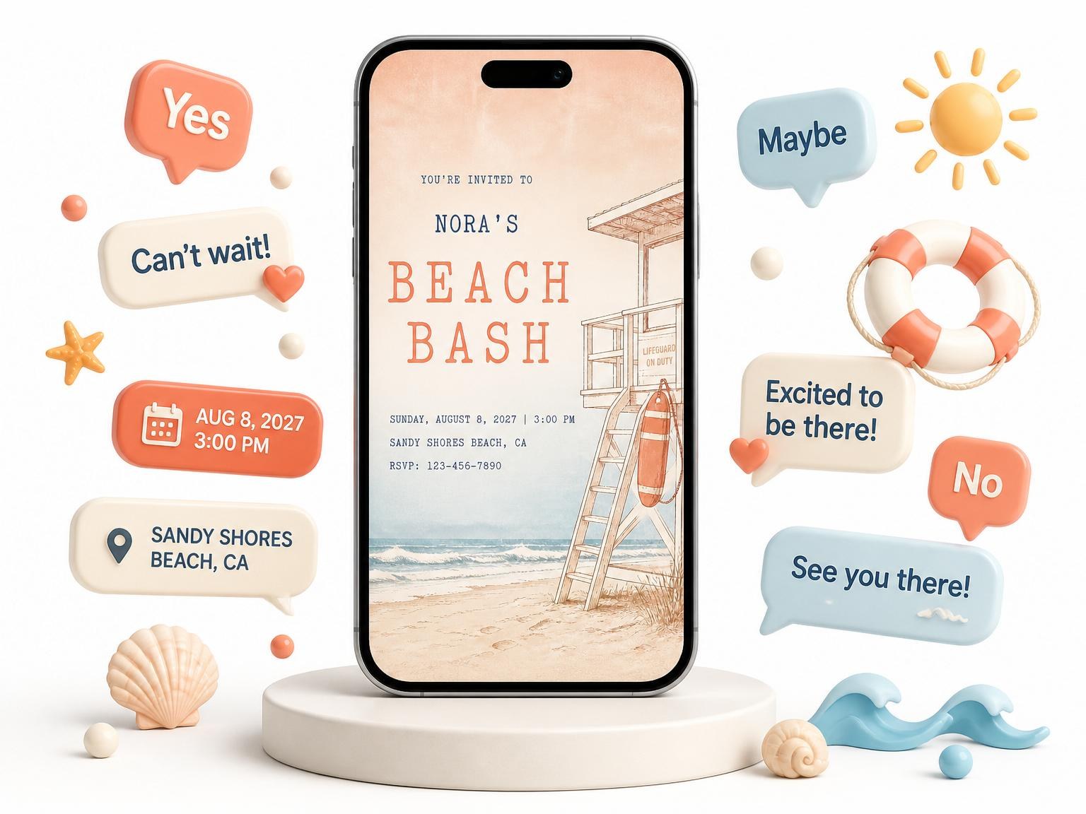 The Vintage Etched Lifeguard Beach Party invitation on a phone, with guest RSVPs arriving around it