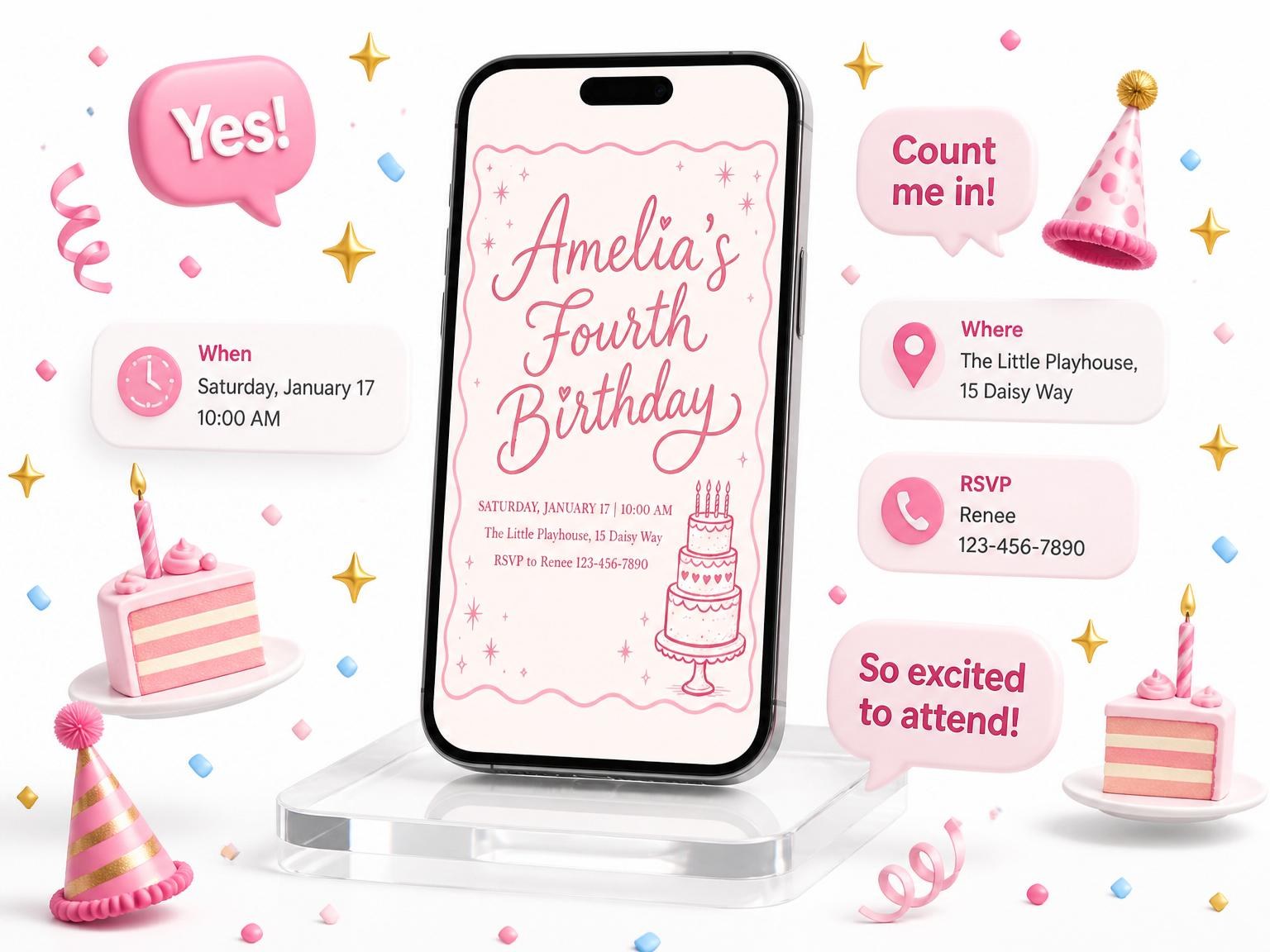 The Pink Cake Star 4th Birthday Invitation invitation on a phone, with guest RSVPs arriving around it
