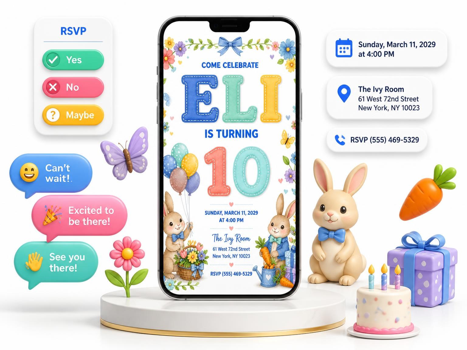 The Stitched Bunny Garden 10th Birthday Invitation invitation on a phone, with guest RSVPs arriving around it