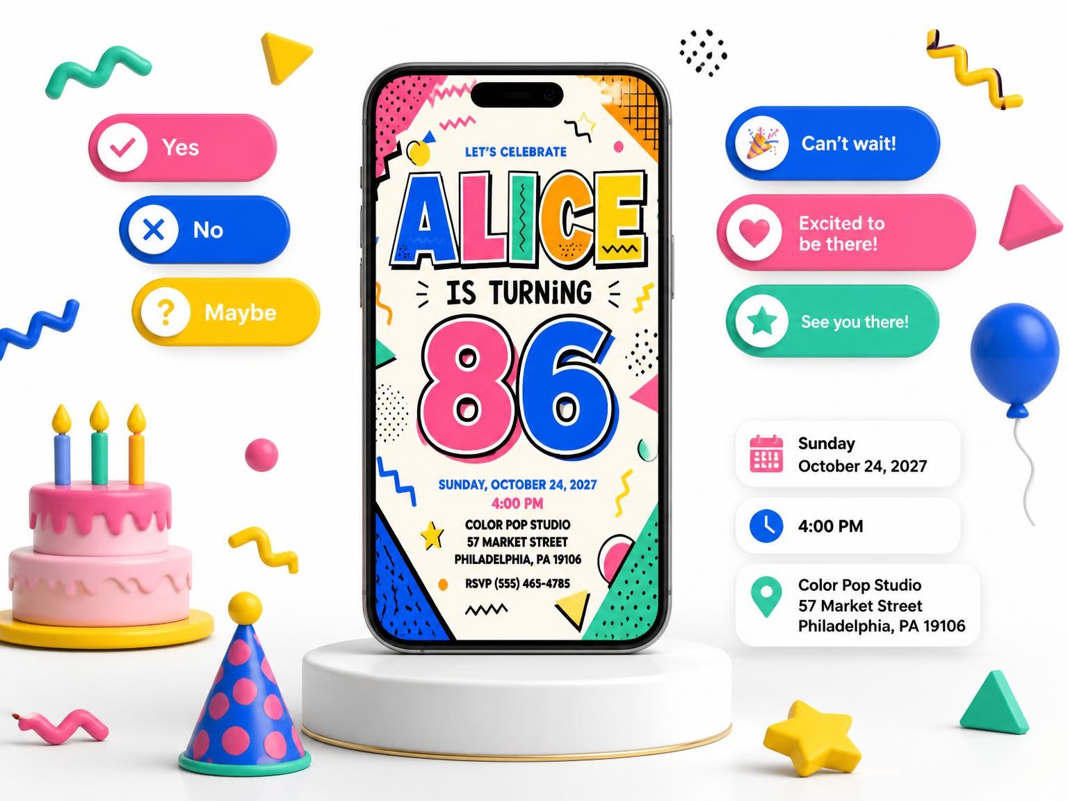 The Memphis Pop 86th Birthday Invitation invitation on a phone, with guest RSVPs arriving around it