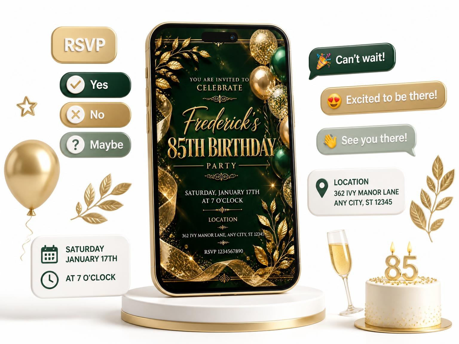 The Emerald and Champagne 85th Birthday Invitation invitation on a phone, with guest RSVPs arriving around it