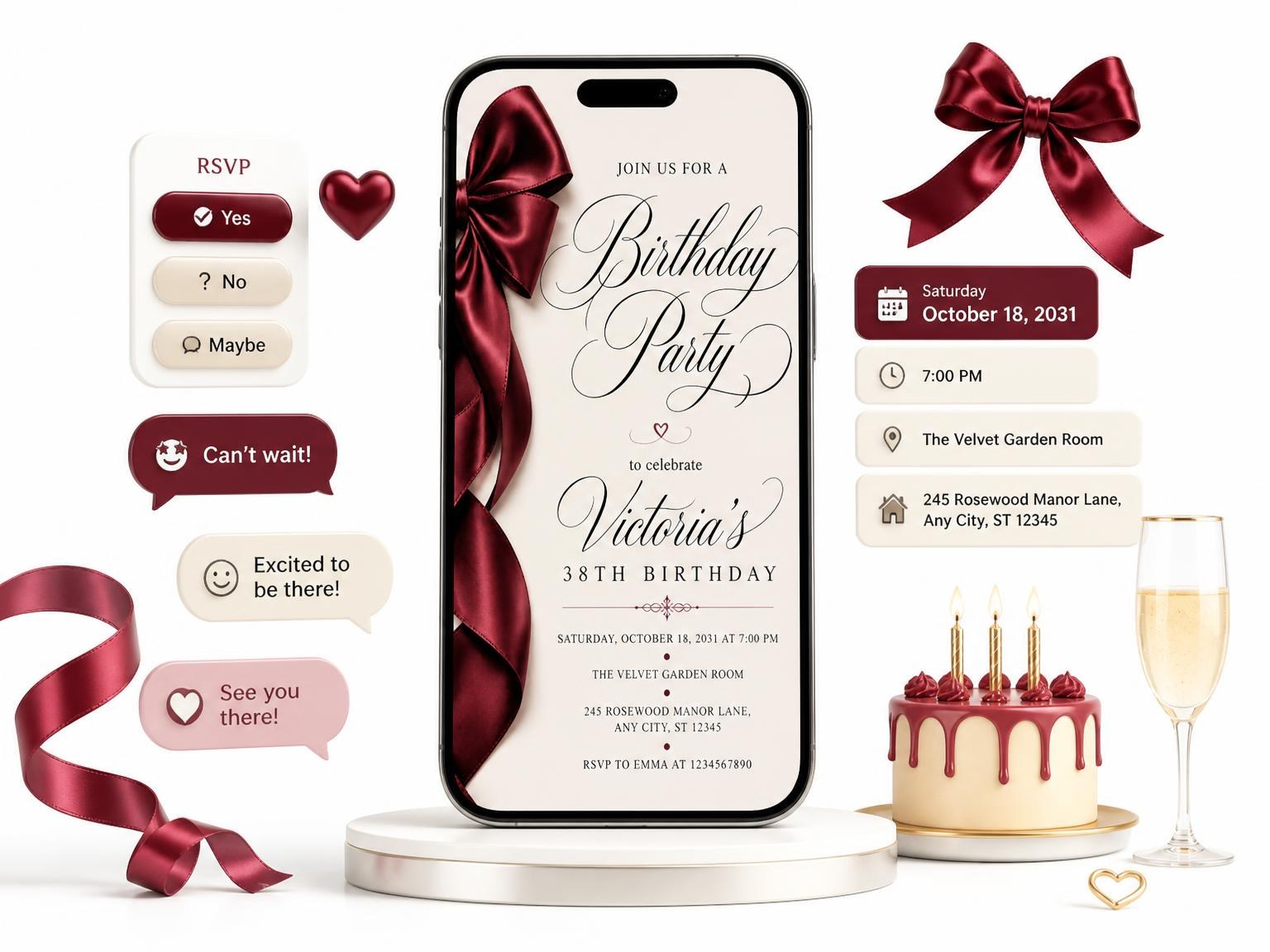 The Burgundy Satin Bow 38th Birthday Invitation invitation on a phone, with guest RSVPs arriving around it