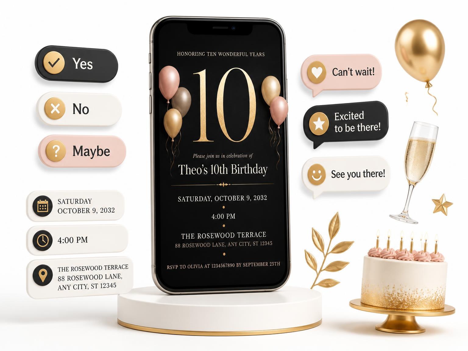 The Charcoal and Blush 10th Birthday Invitation invitation on a phone, with guest RSVPs arriving around it