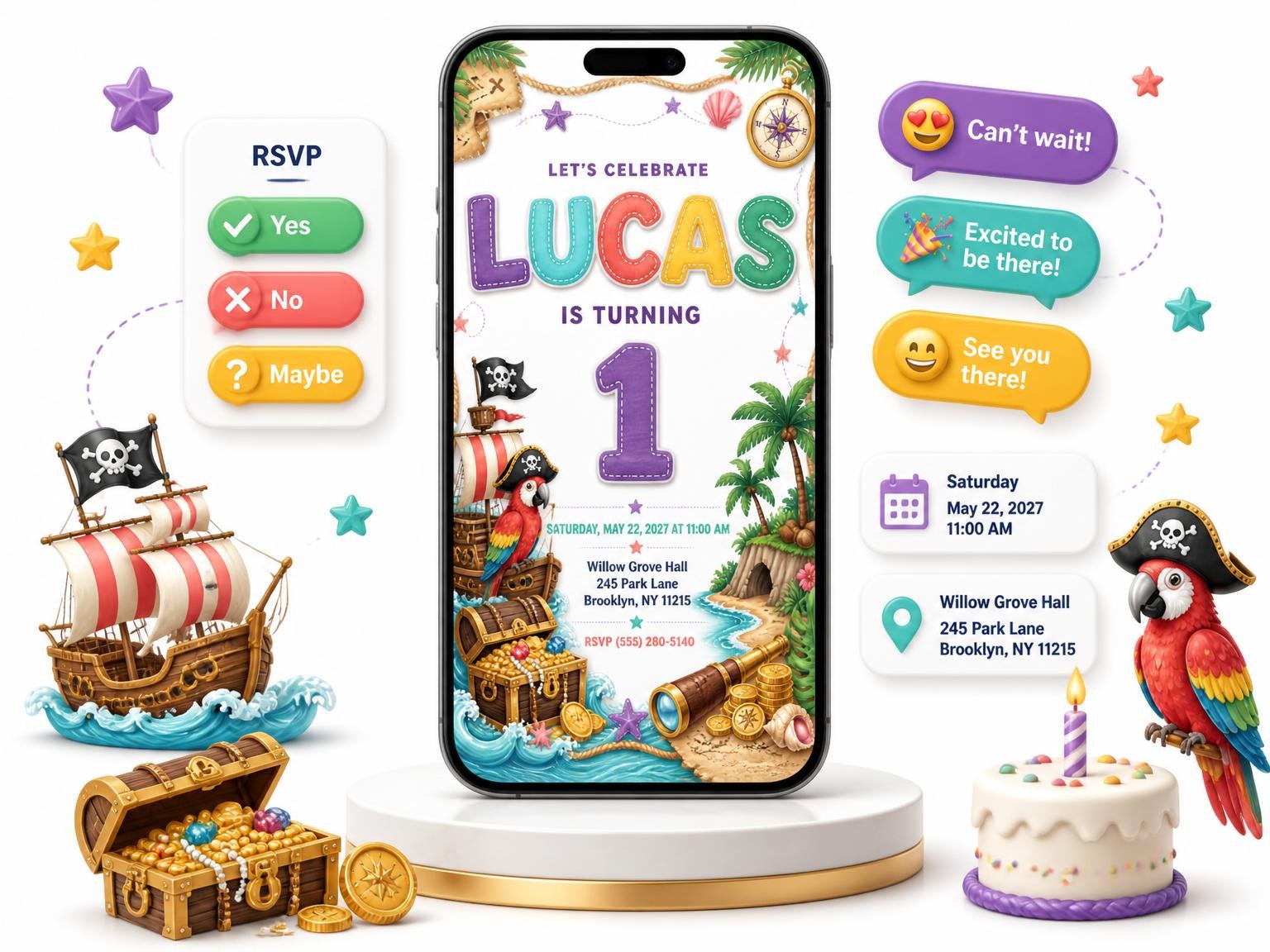 The Pirate Adventure 1st Birthday Invitation invitation on a phone, with guest RSVPs arriving around it