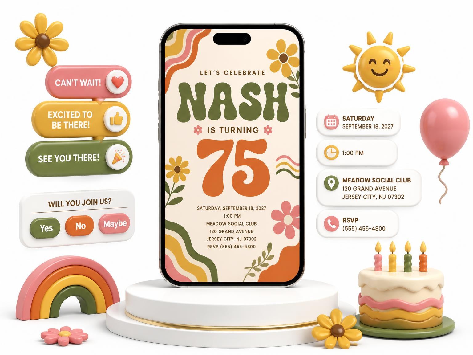 The Groovy Retro 75th Birthday Invitation invitation on a phone, with guest RSVPs arriving around it