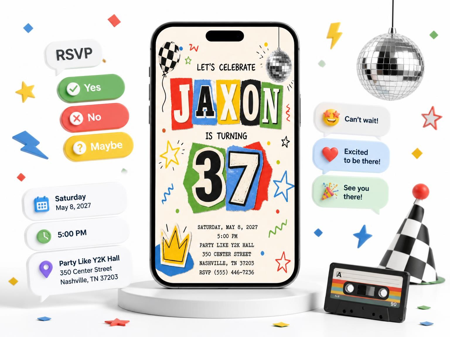 The Retro Paper Collage 37th Birthday Invitation invitation on a phone, with guest RSVPs arriving around it