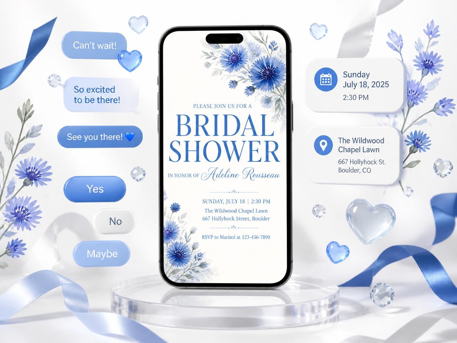 The Blue Watercolor Cornflower Bridal Shower invitation on a phone, with guest RSVPs arriving around it
