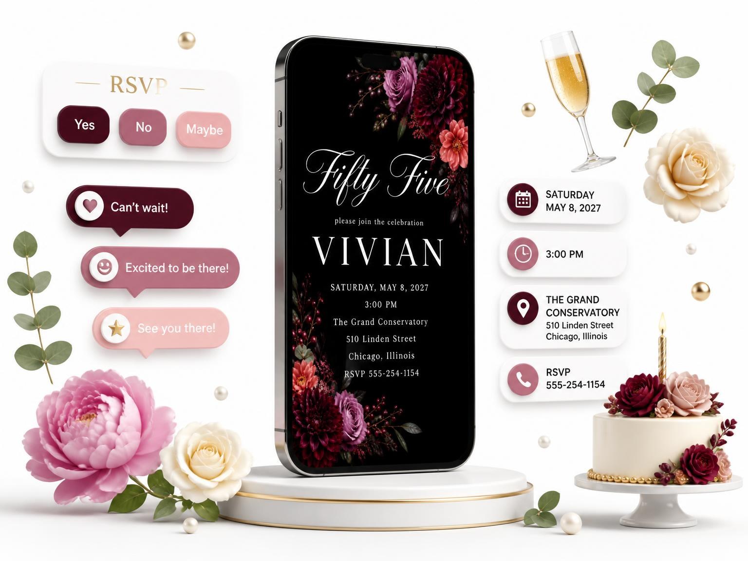 The Black Floral 55th Birthday Invitation invitation on a phone, with guest RSVPs arriving around it