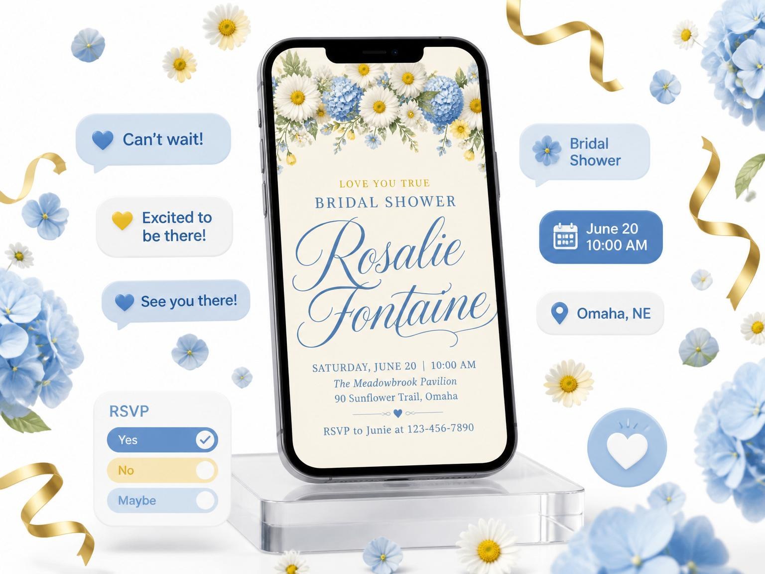 The Blue Hydrangea Daisy Bridal Shower invitation on a phone, with guest RSVPs arriving around it