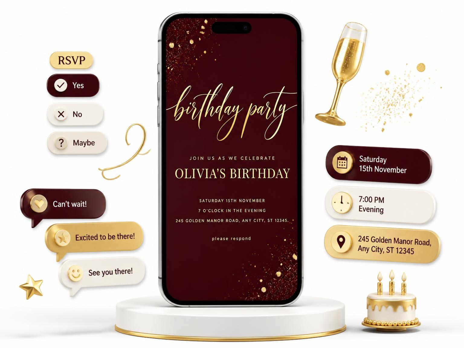 The Burgundy and Gold Birthday Invitation invitation on a phone, with guest RSVPs arriving around it