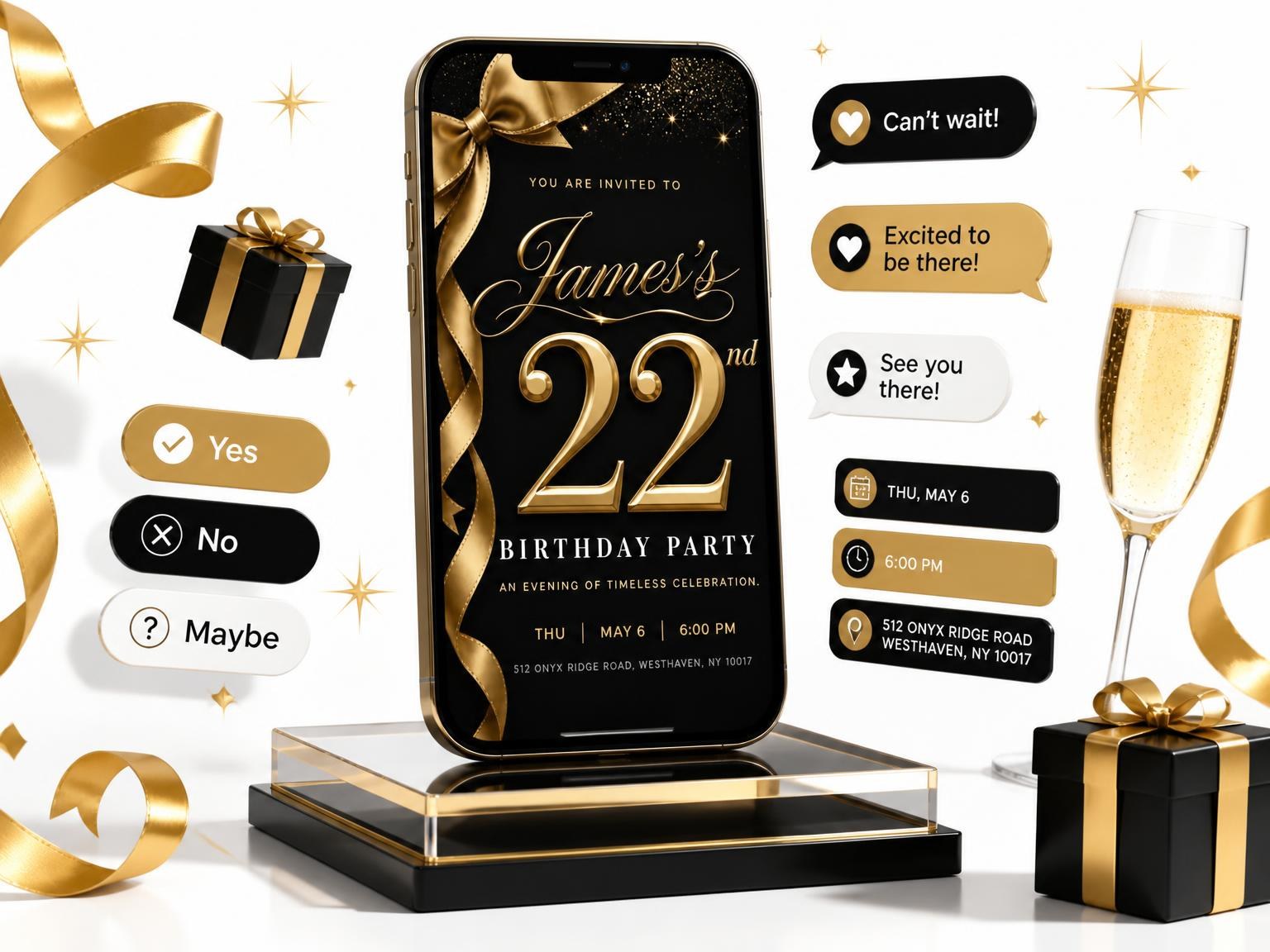 The Black and Gold Ribbon 22nd Birthday Invitation invitation on a phone, with guest RSVPs arriving around it