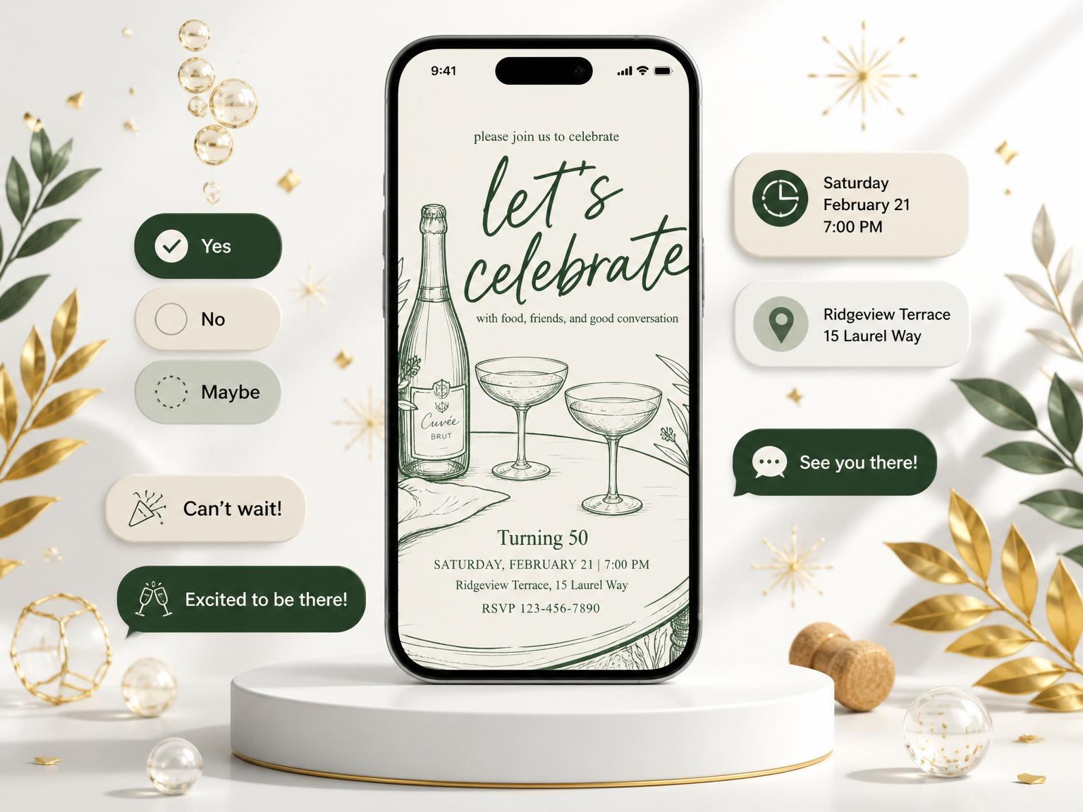The Forest Green Champagne Line-Art 50th Birthday invitation on a phone, with guest RSVPs arriving around it