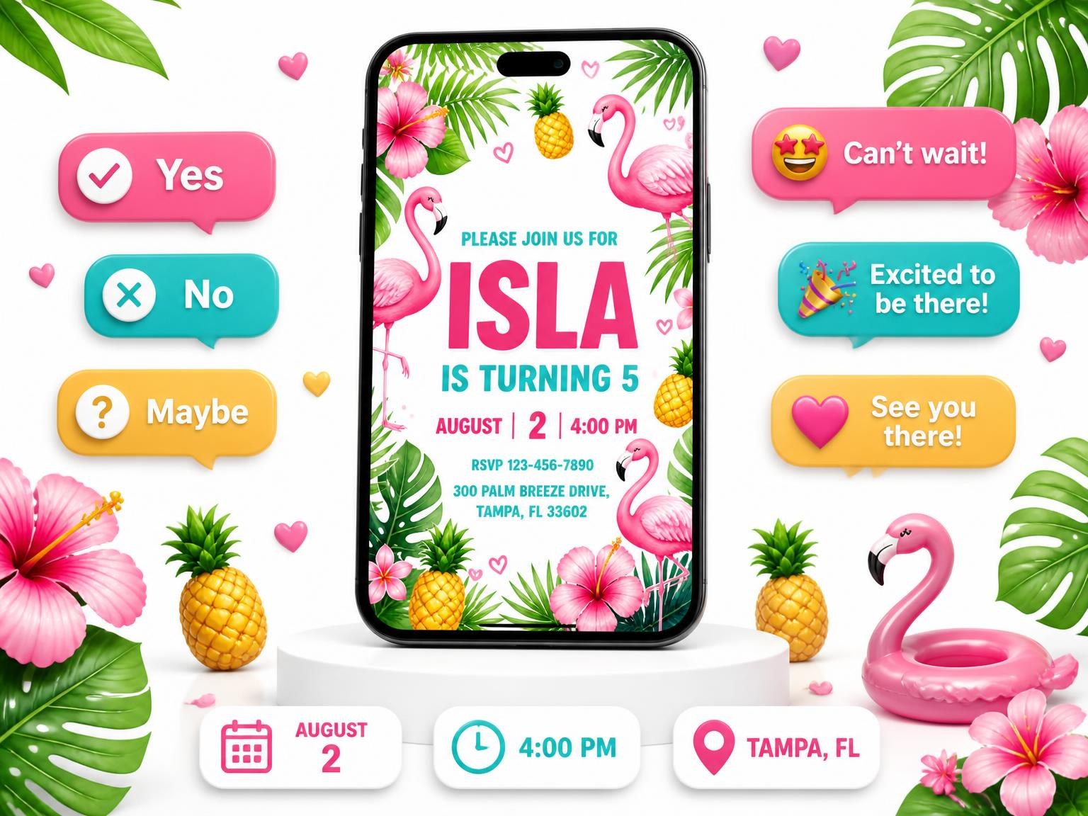 The Pink Flamingo Tropical 5th Birthday Invitation invitation on a phone, with guest RSVPs arriving around it