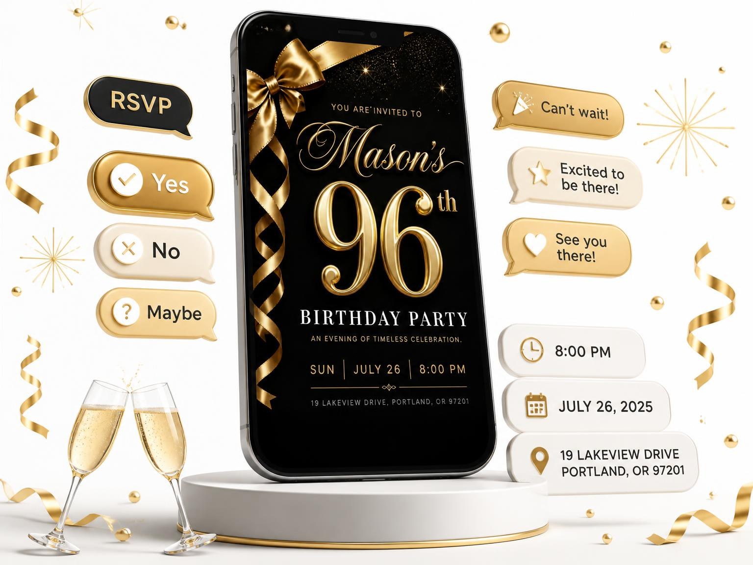 The Black and Gold Ribbon 96th Birthday invitation on a phone, with guest RSVPs arriving around it