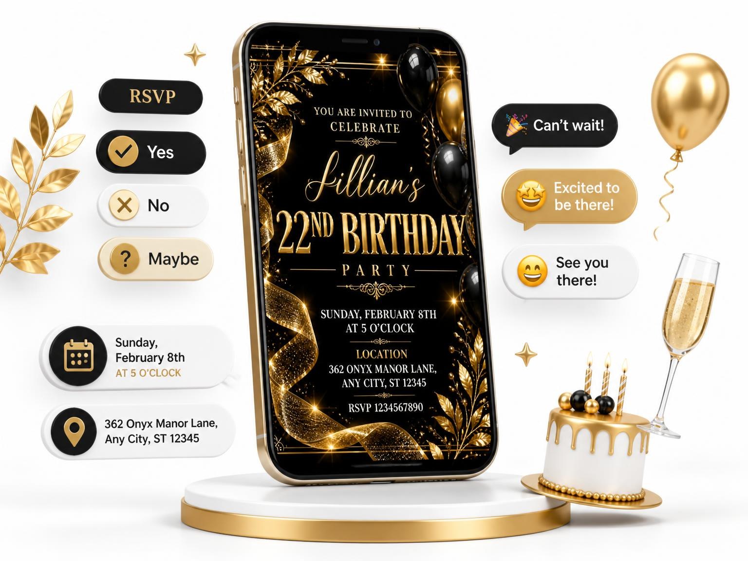 The Black and Gold 22nd Birthday Invitation invitation on a phone, with guest RSVPs arriving around it