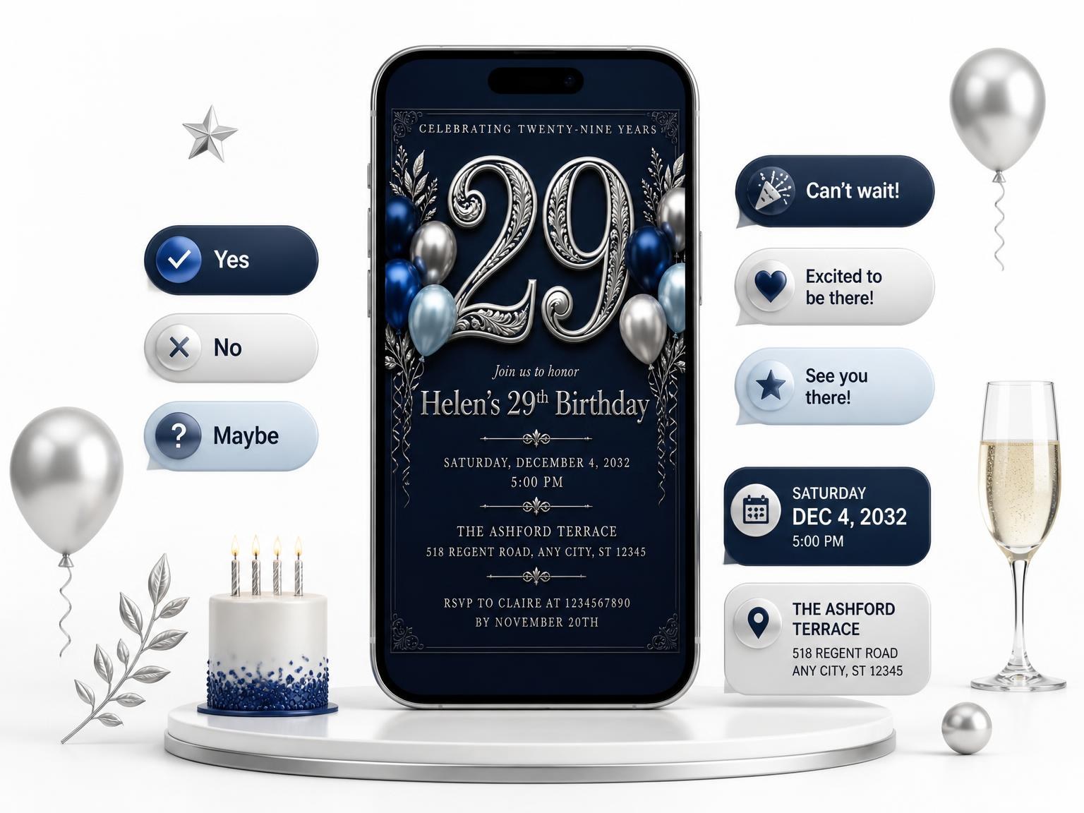 The Navy and Silver 29th Birthday Invitation invitation on a phone, with guest RSVPs arriving around it