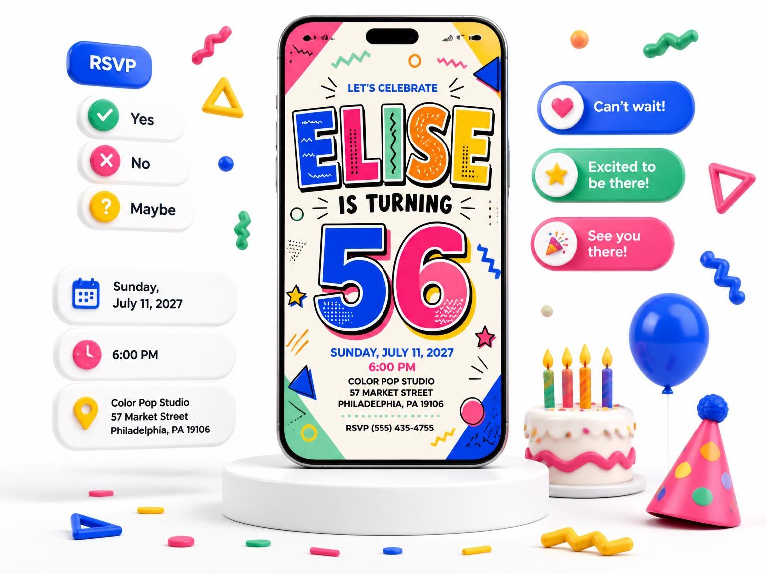 The Memphis Pop 56th Birthday Invitation invitation on a phone, with guest RSVPs arriving around it