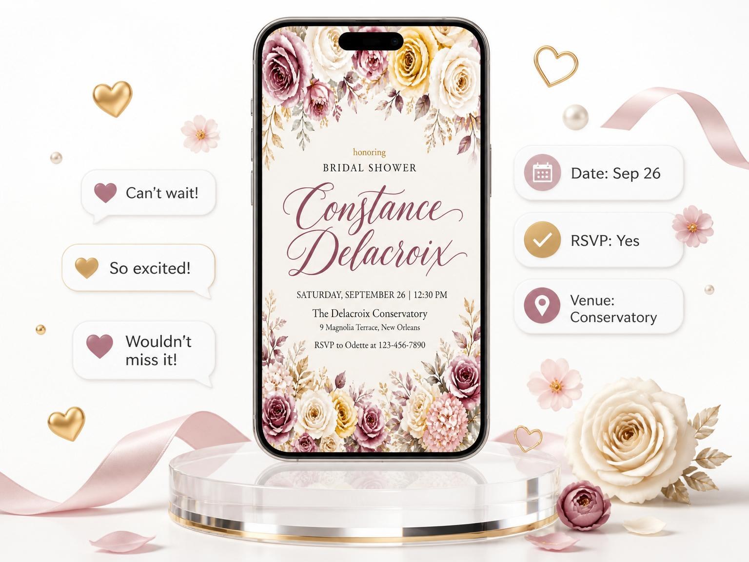 The Dusty Rose Floral Bridal Shower invitation on a phone, with guest RSVPs arriving around it